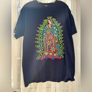 Black T-Shirt with Colorful Virgin Mary Design